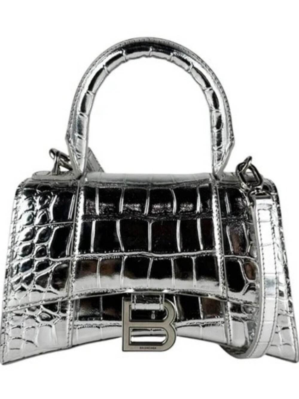 Auth BALENCIAGA Hourglass XS Handbag Shoulder Bag Silver Leather - z11048